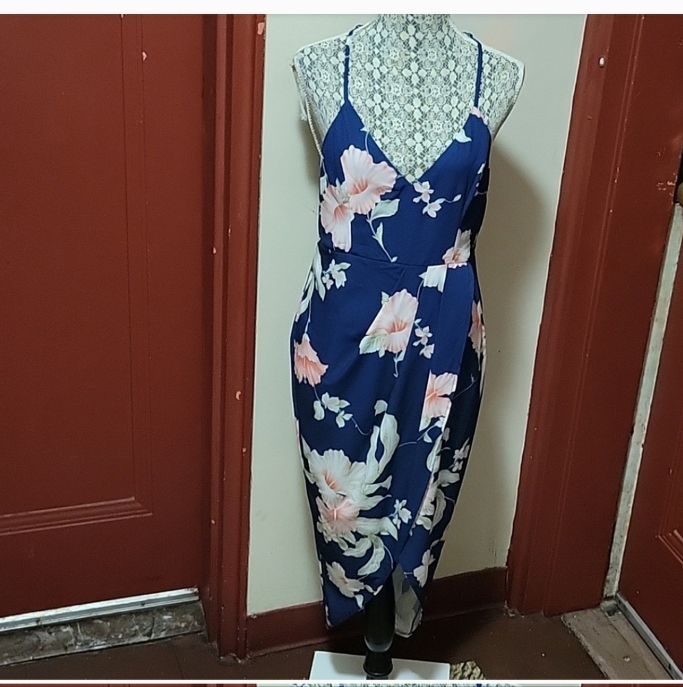 BLOSSOM V-Neck High/Low Floral Spaghetti Straps Navy Cocktail Dress Size 14